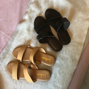 Slides, tan and black, 7 & 7.5